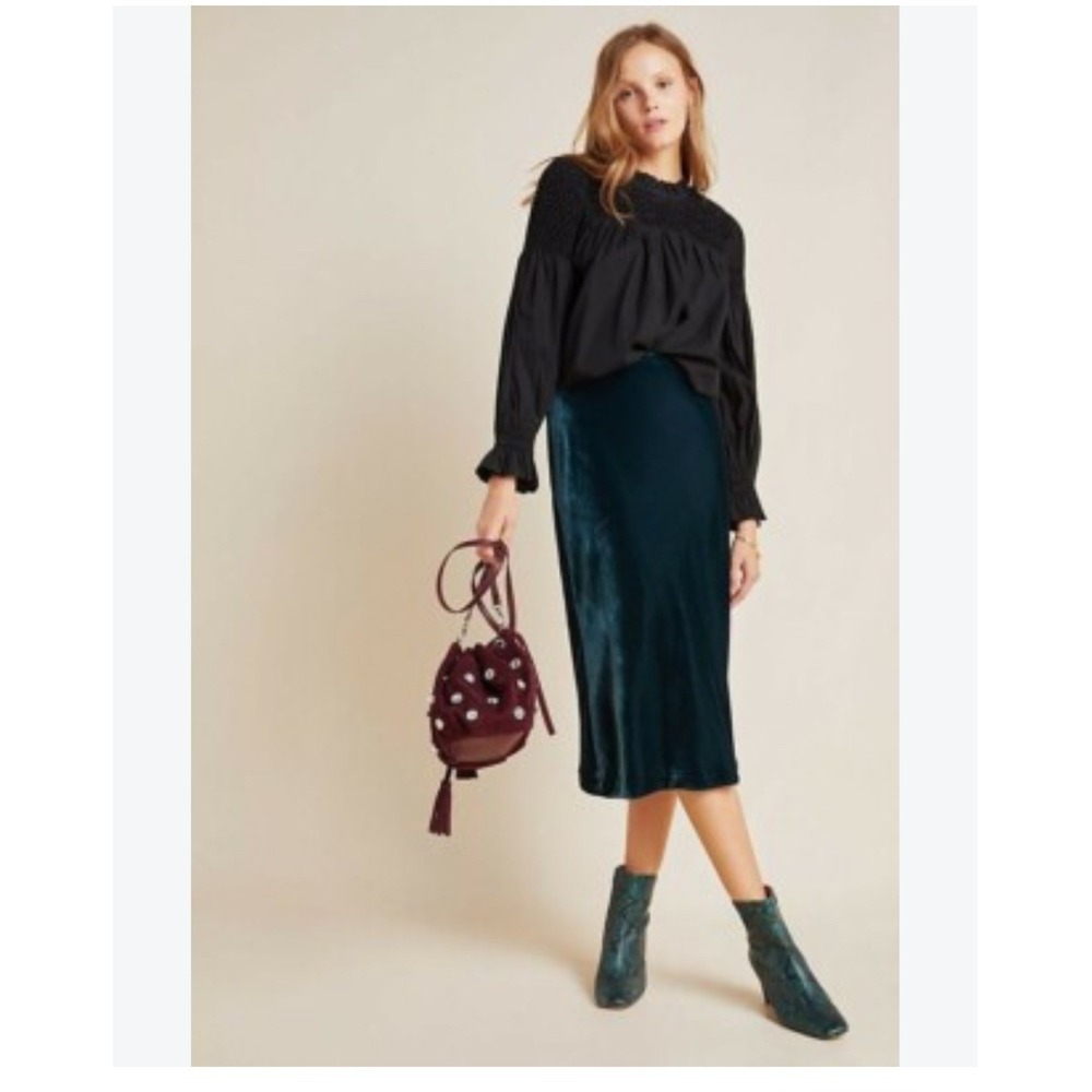 Maeve Anthropologie Dark Teal Velvet Midi Skirt XS Green Pull On Slip Skirt